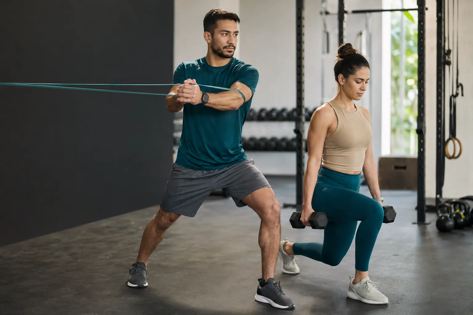 Homem e mulher realizando exercícios orientados em academia